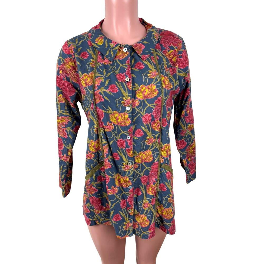 Vintage Cotton Floral Tunic Jacket Button Shirt Small Little Journeys relaxed